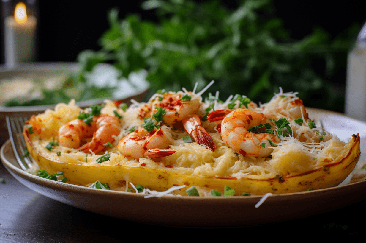 Cheesy prawn spaghetti squash ‘pasta’ dish 