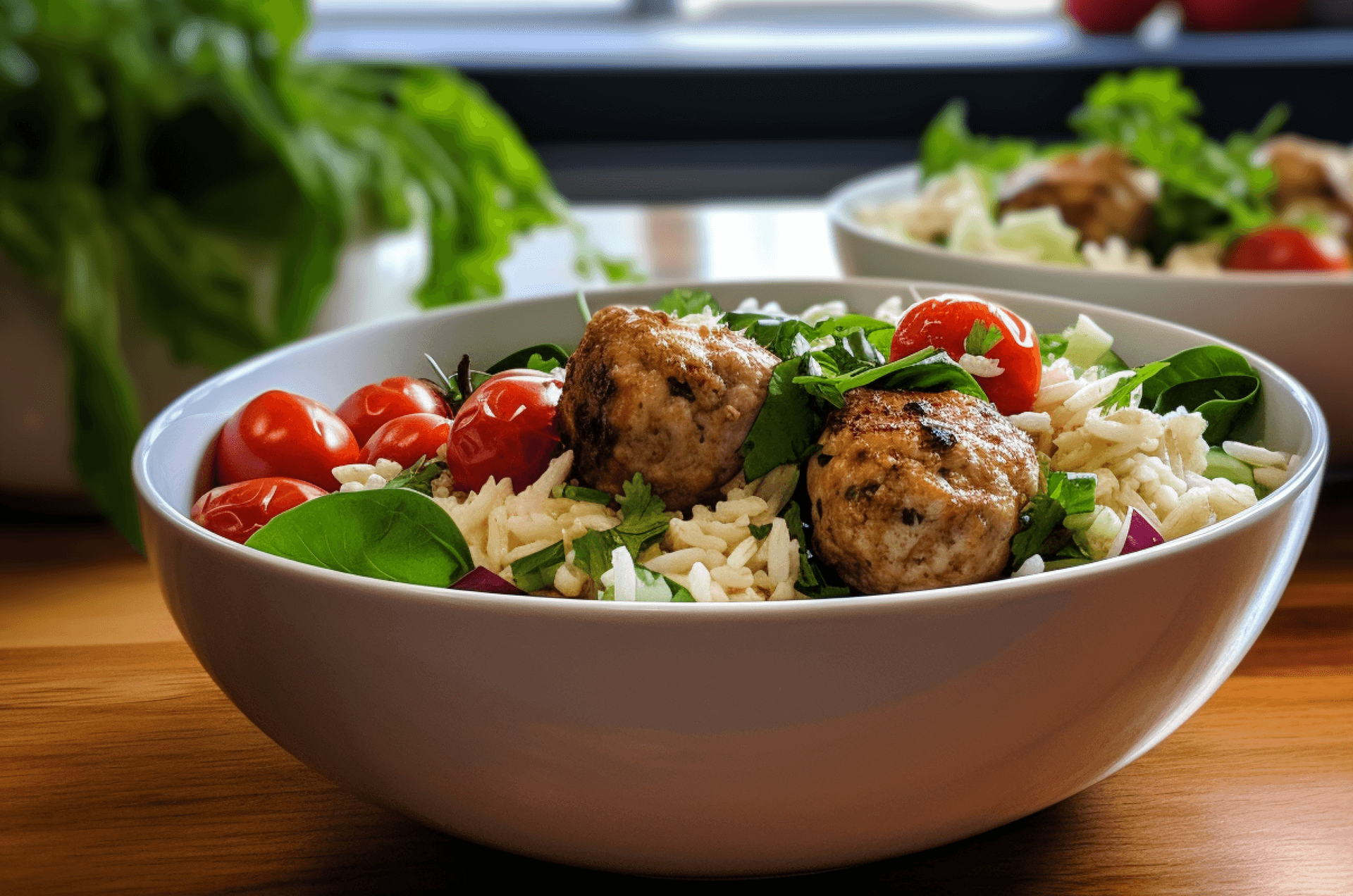 Turkey meatballs with herbed orzo and simple Greek salad 
