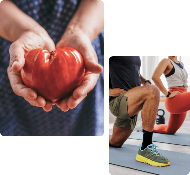 Person holding tomato and person lunging