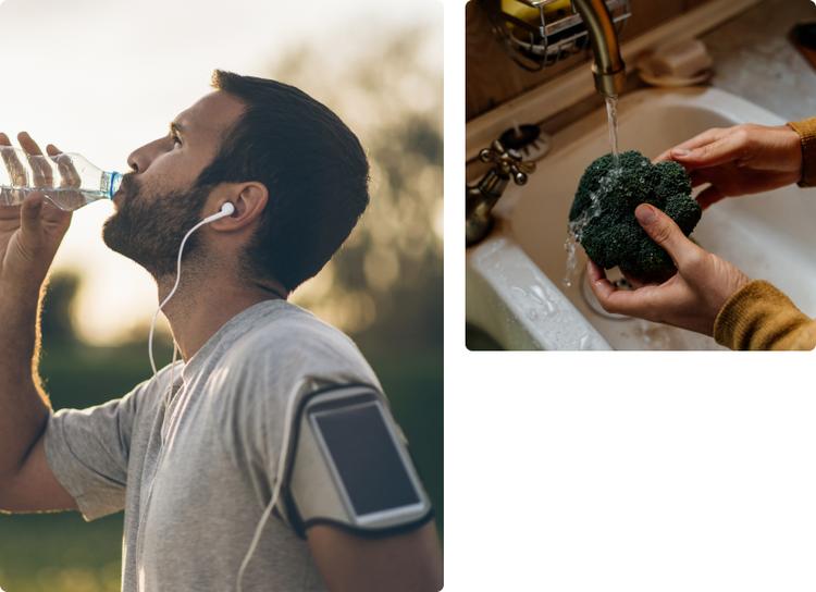 Person exercising and brocolli being washed