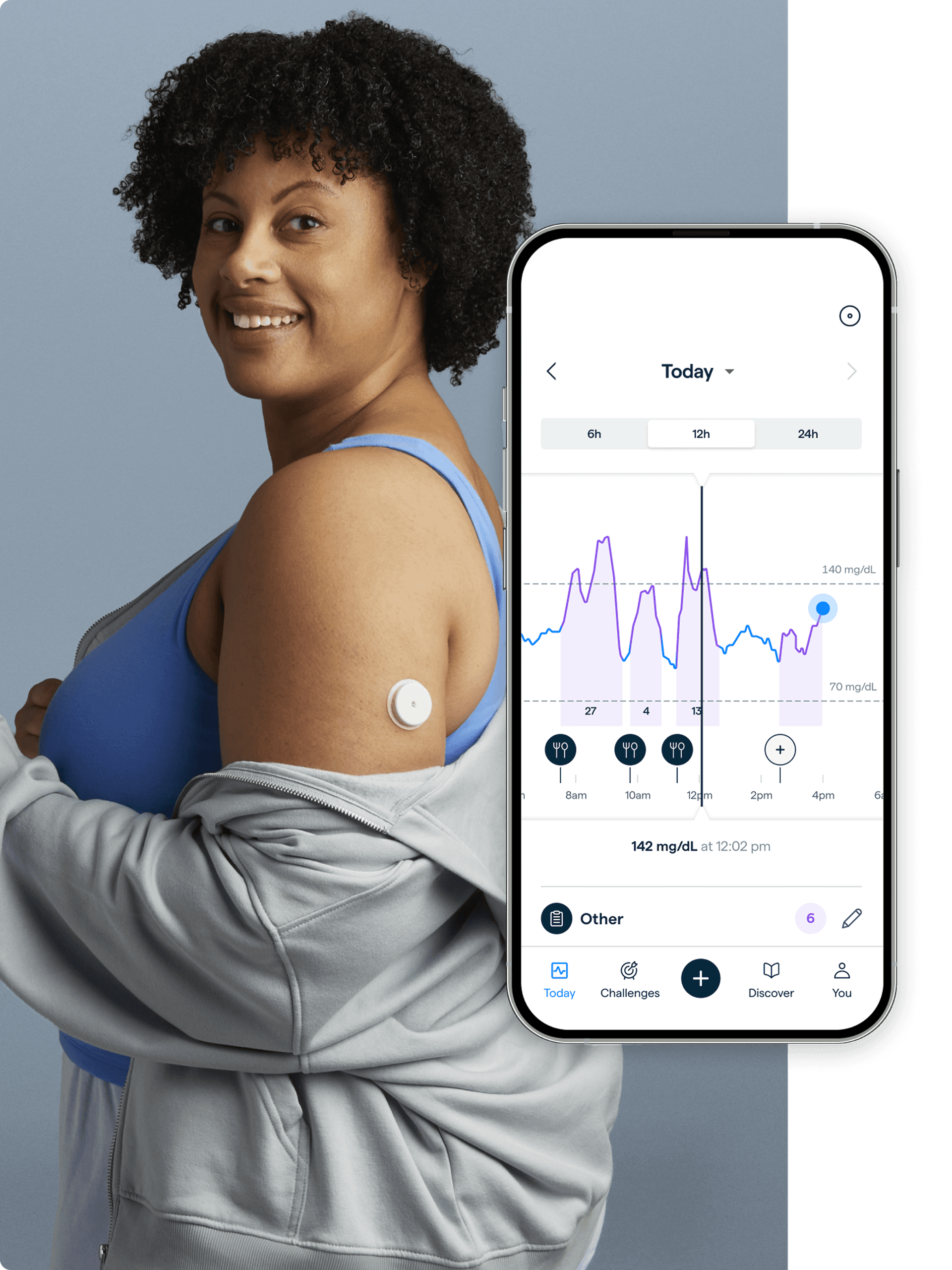 Woman jogging in workout clothing with a phone screen showing glucose results.