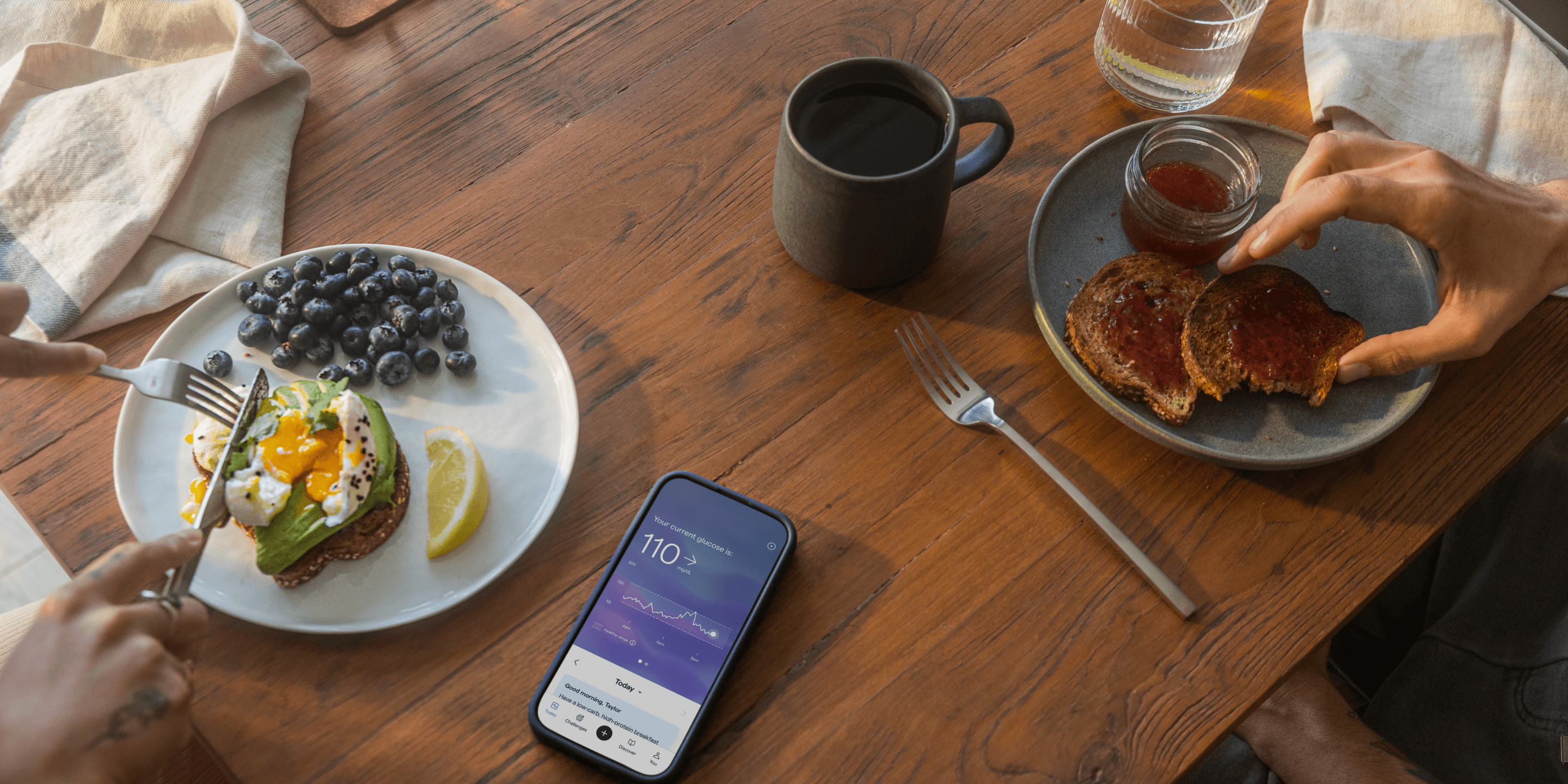 Two breakfasts with phone showing Lingo app. 