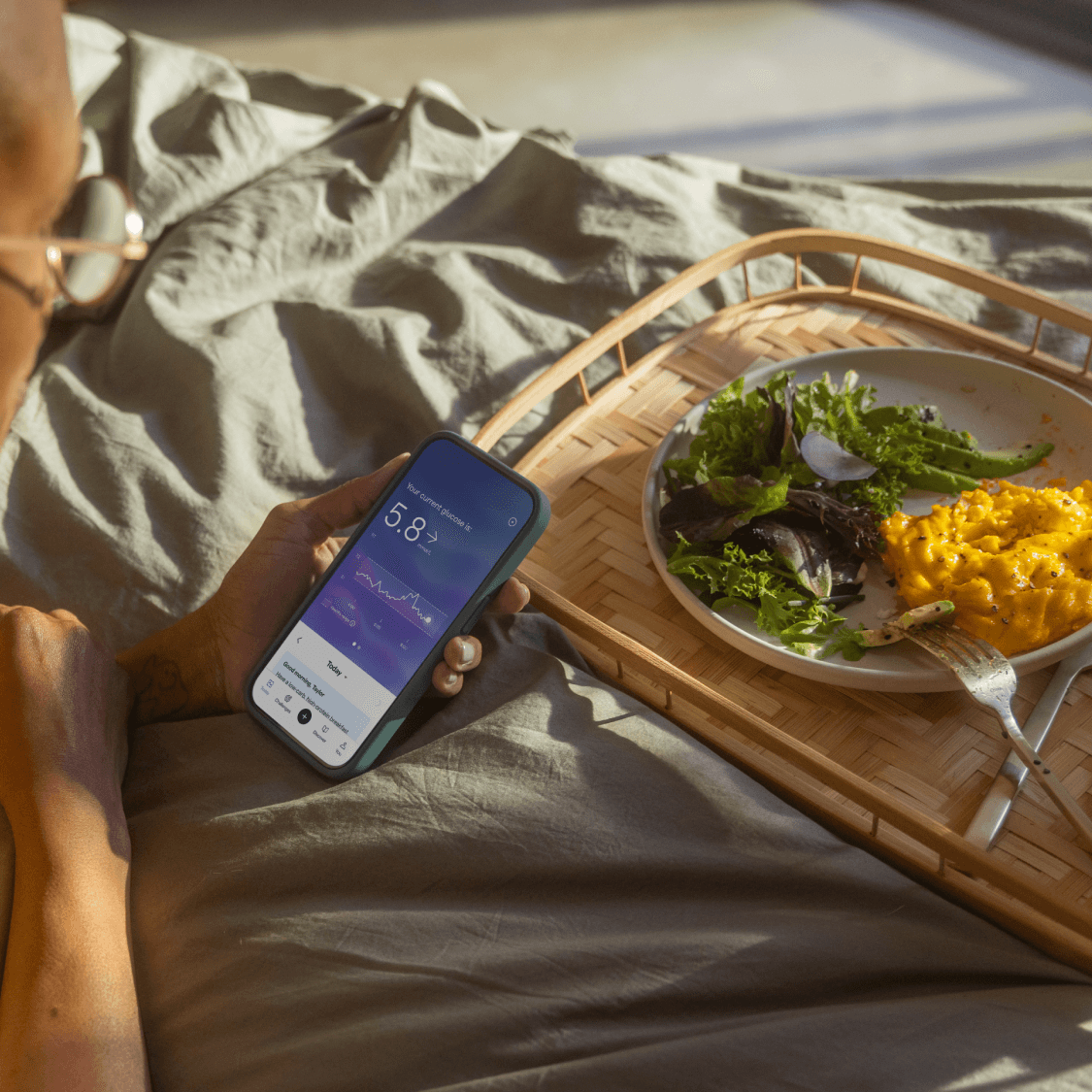 Breakfast tray with eggs and greens
