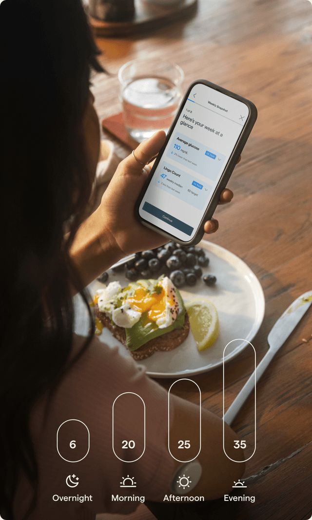 A woman looking at the Lingo app before eating her meal