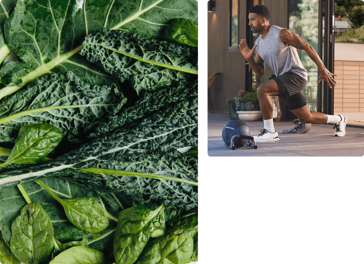 Green vegetables and man lunging