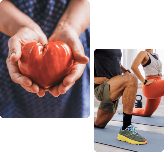 Person holding tomato and person lunging