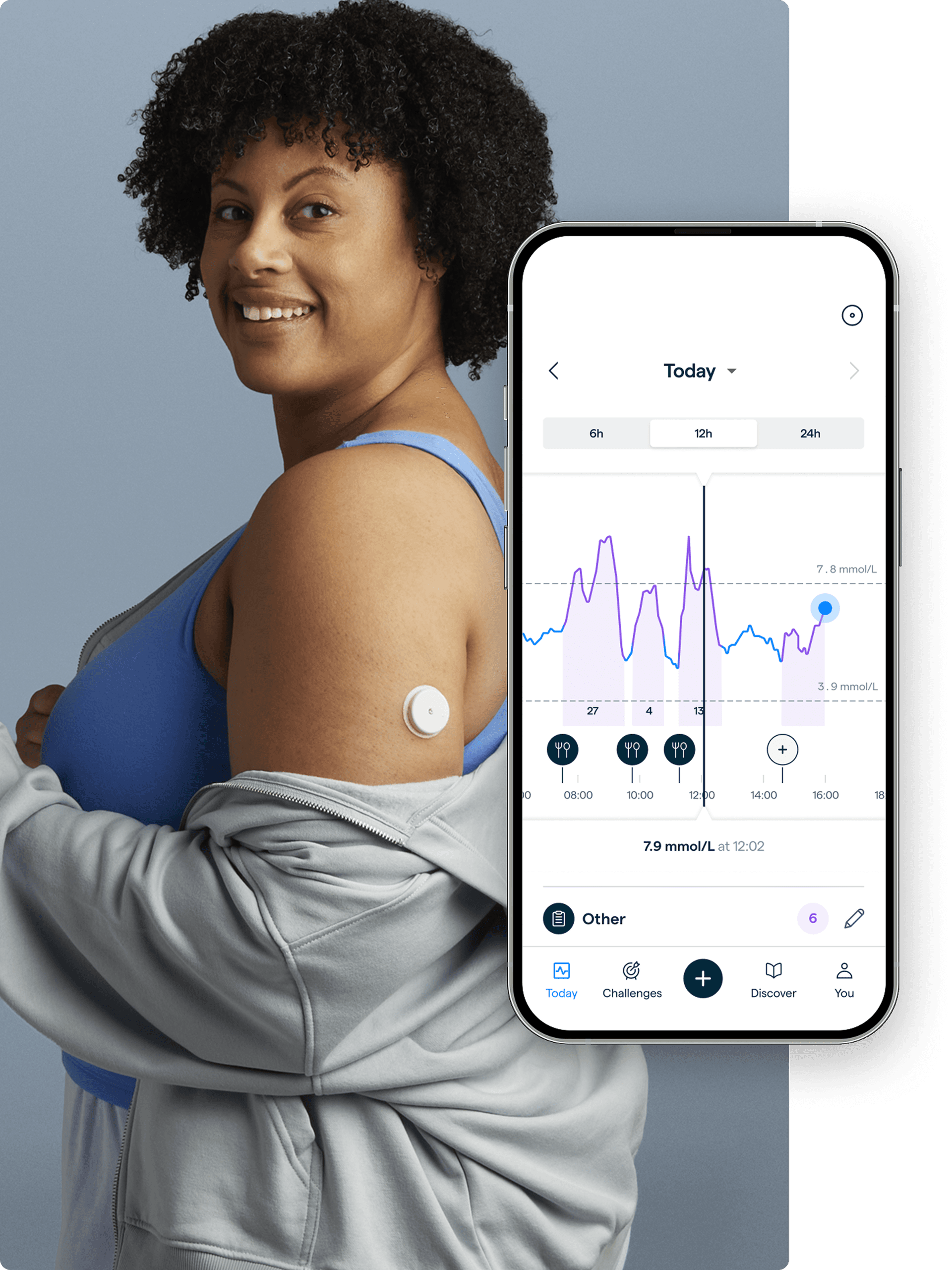 Woman jogging in workout clothing with a phone screen showing glucose results.
