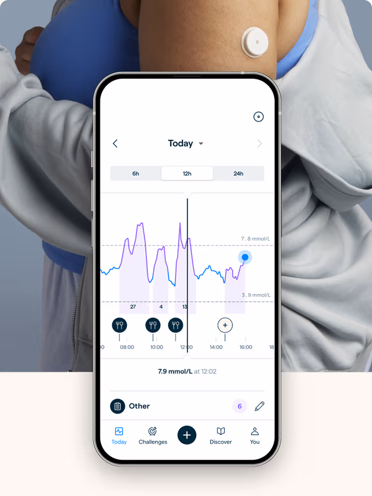 Woman jogging in workout clothing with a phone screen showing glucose results.