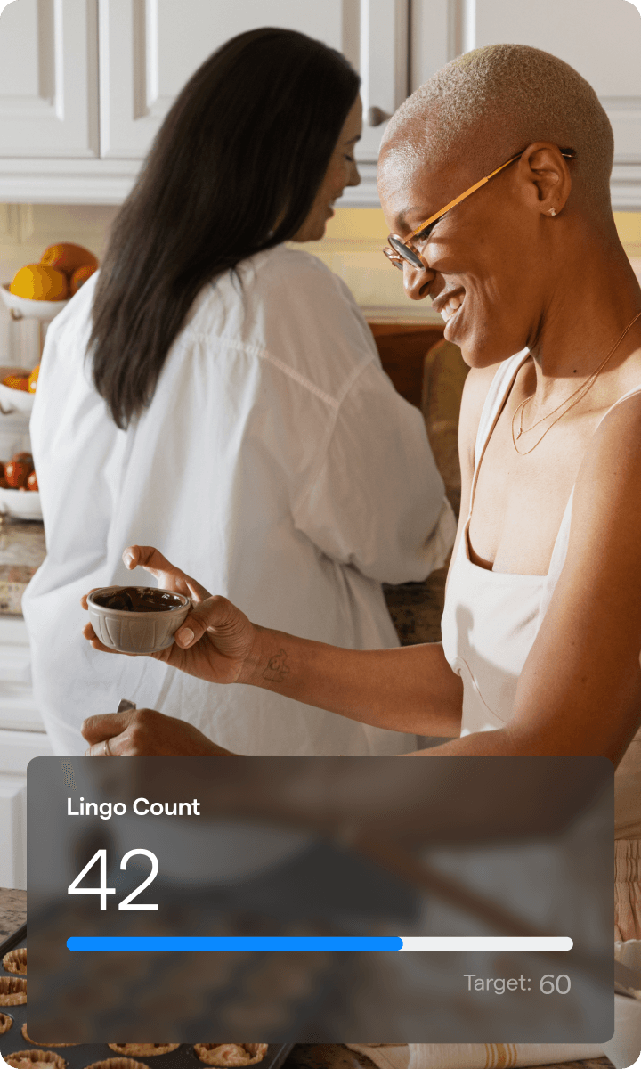 A photo of a woman smiling while pouring olive oil over her salad with a Lingo Count chart overlayed.