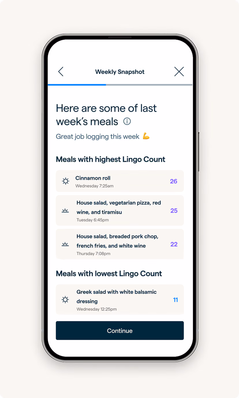 Lingo app screen showing meal progress