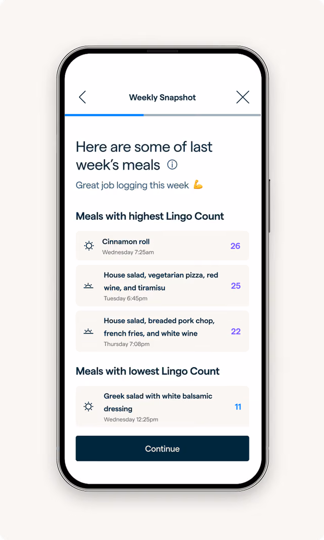 Lingo app screen showing meal progress