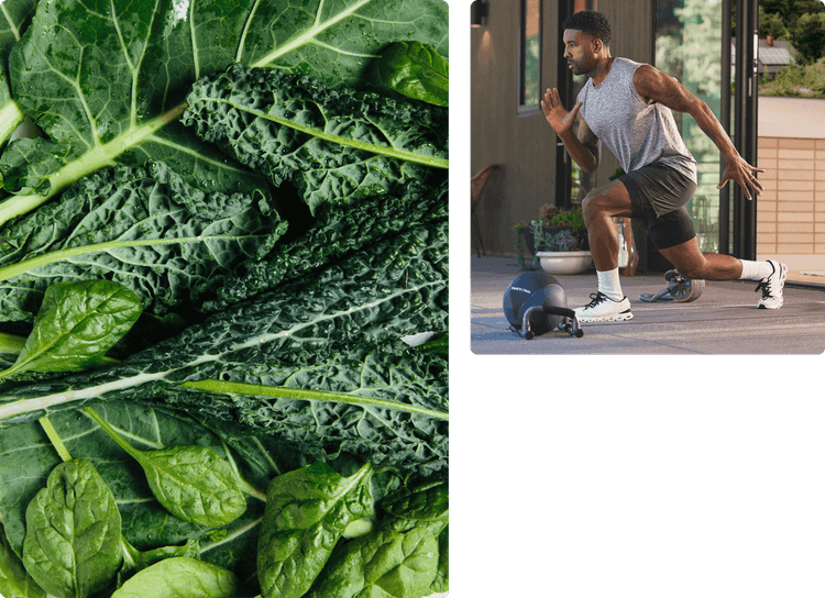 Green vegetables and man lunging