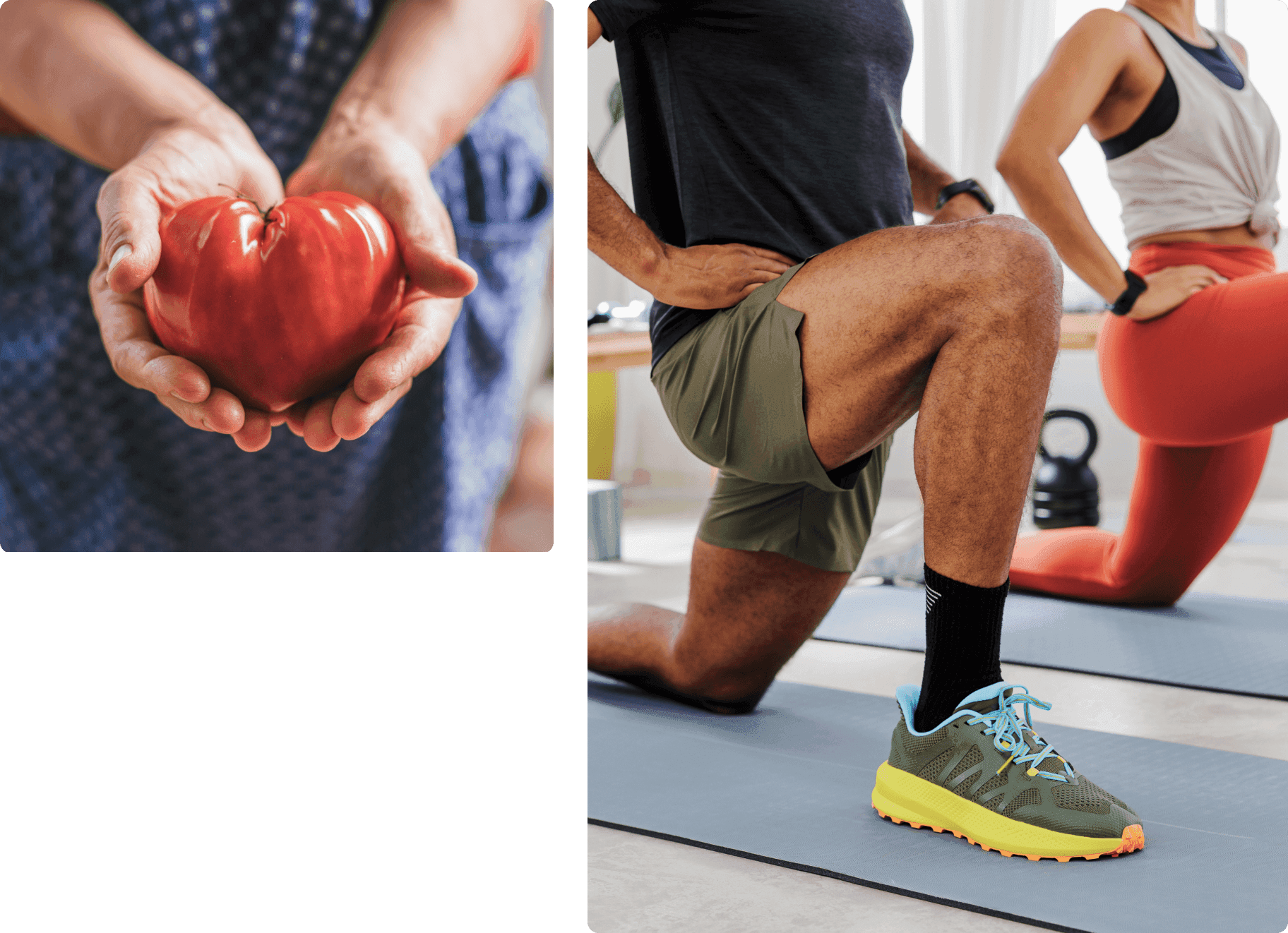 Person holding tomato and person lunging