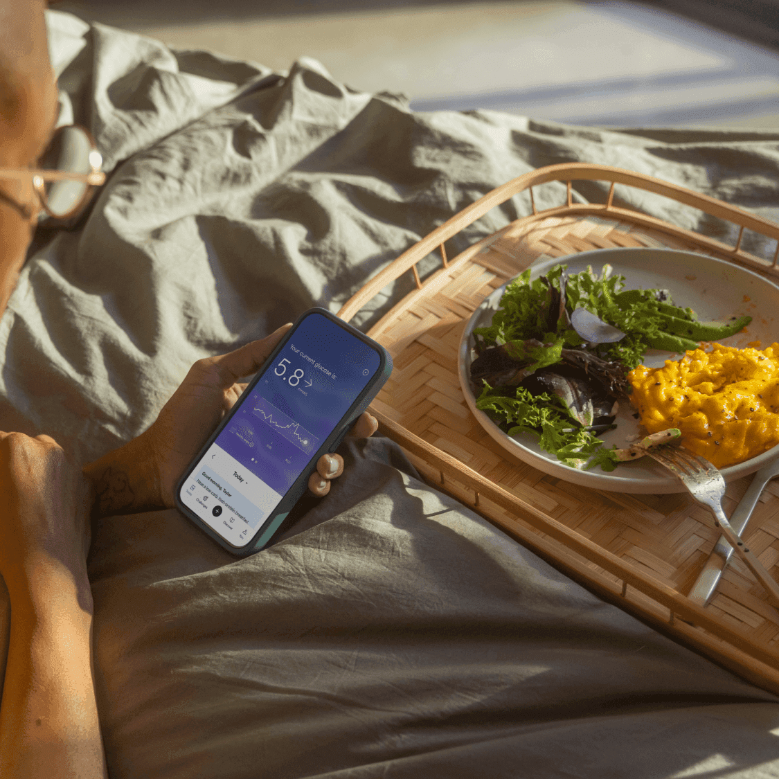 Breakfast tray with eggs and greens