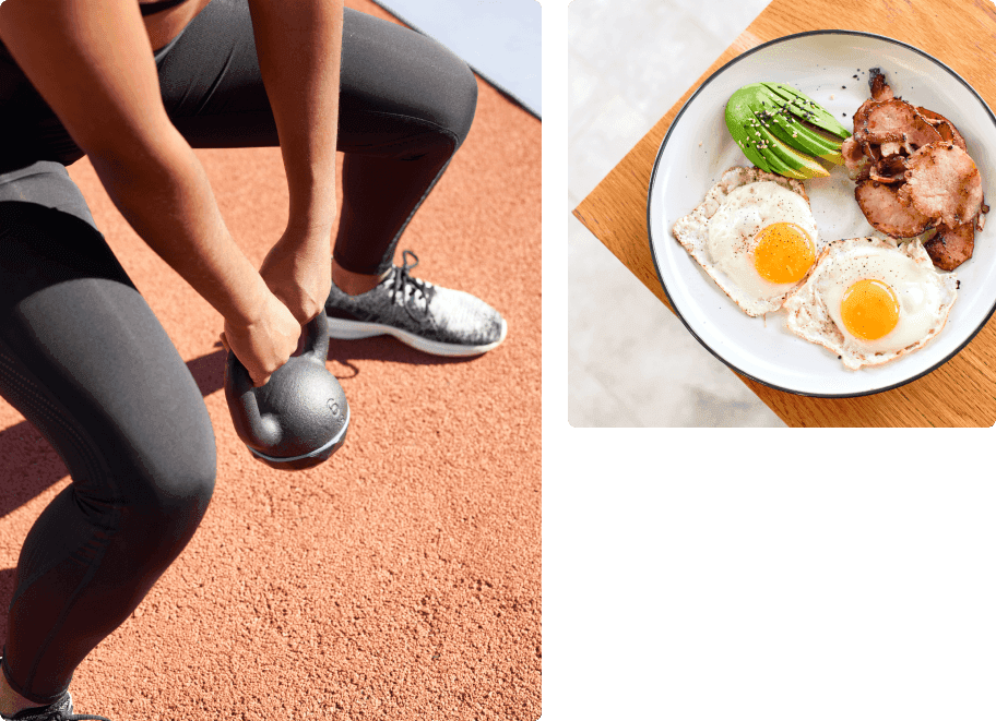 Person lifting kettlebell and breakfast food plate