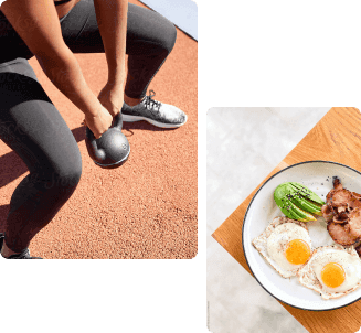 Person lifting kettlebell and breakfast food plate