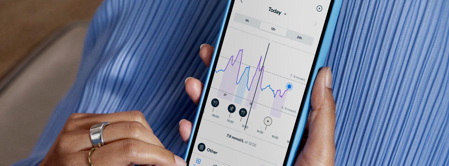 Phone screen showing glucose levels on the Lingo app