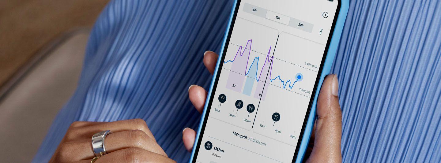 Phone screen showing glucose levels on the Lingo app