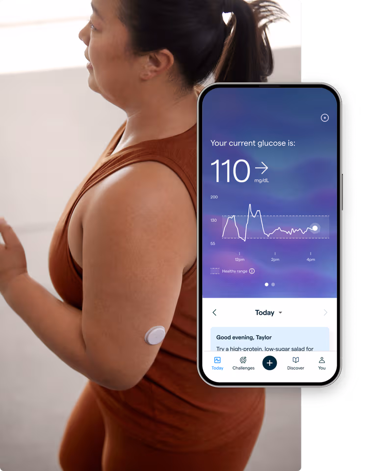 Woman jogging in workout clothing with a phone screen showing glucose results.