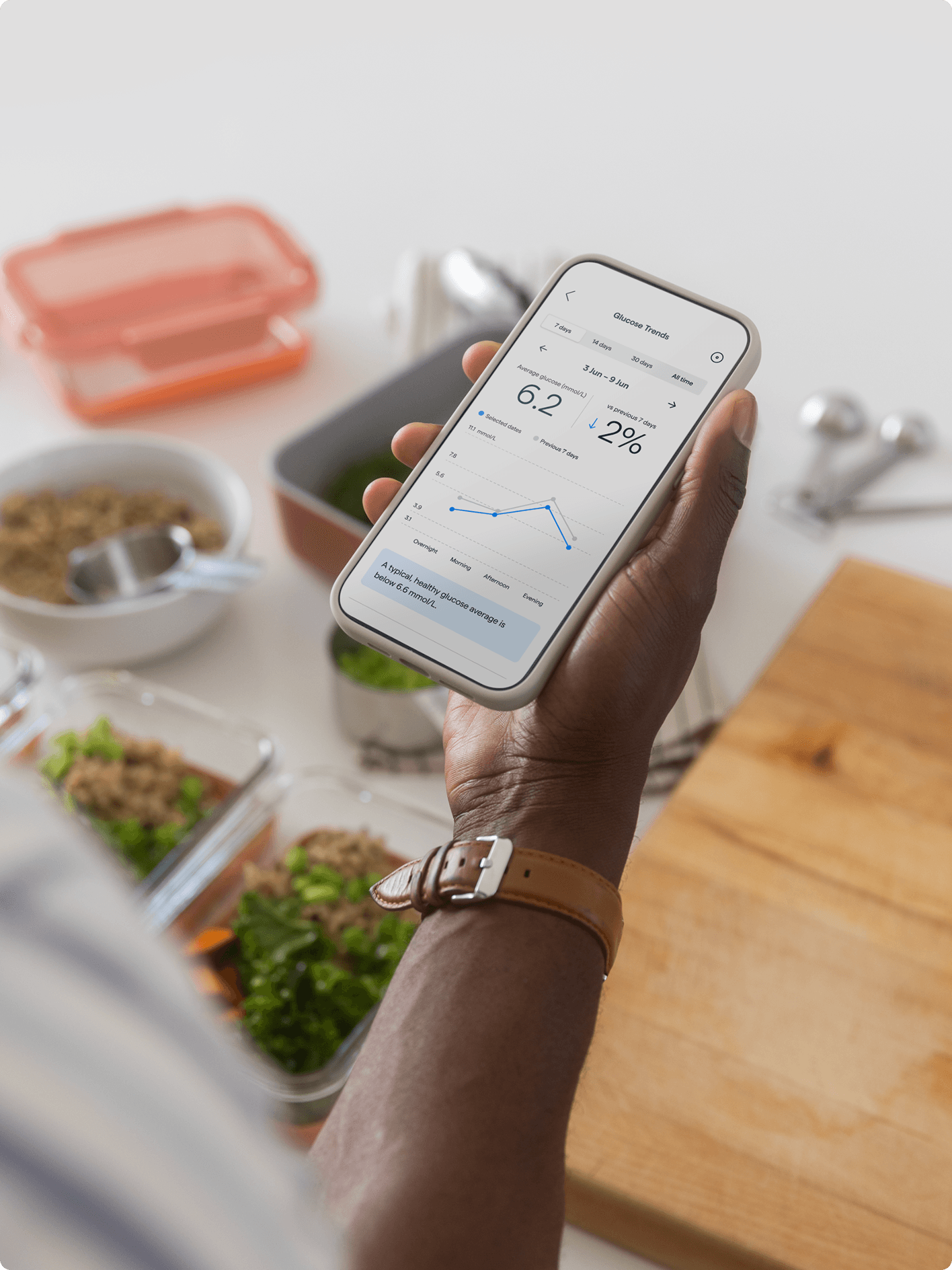 A person checking gluecose trends on Lingo while meal planning in their kitchen.
