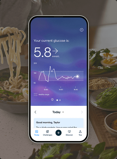 Phone screen showing glucose results overlayed over a photo of food.