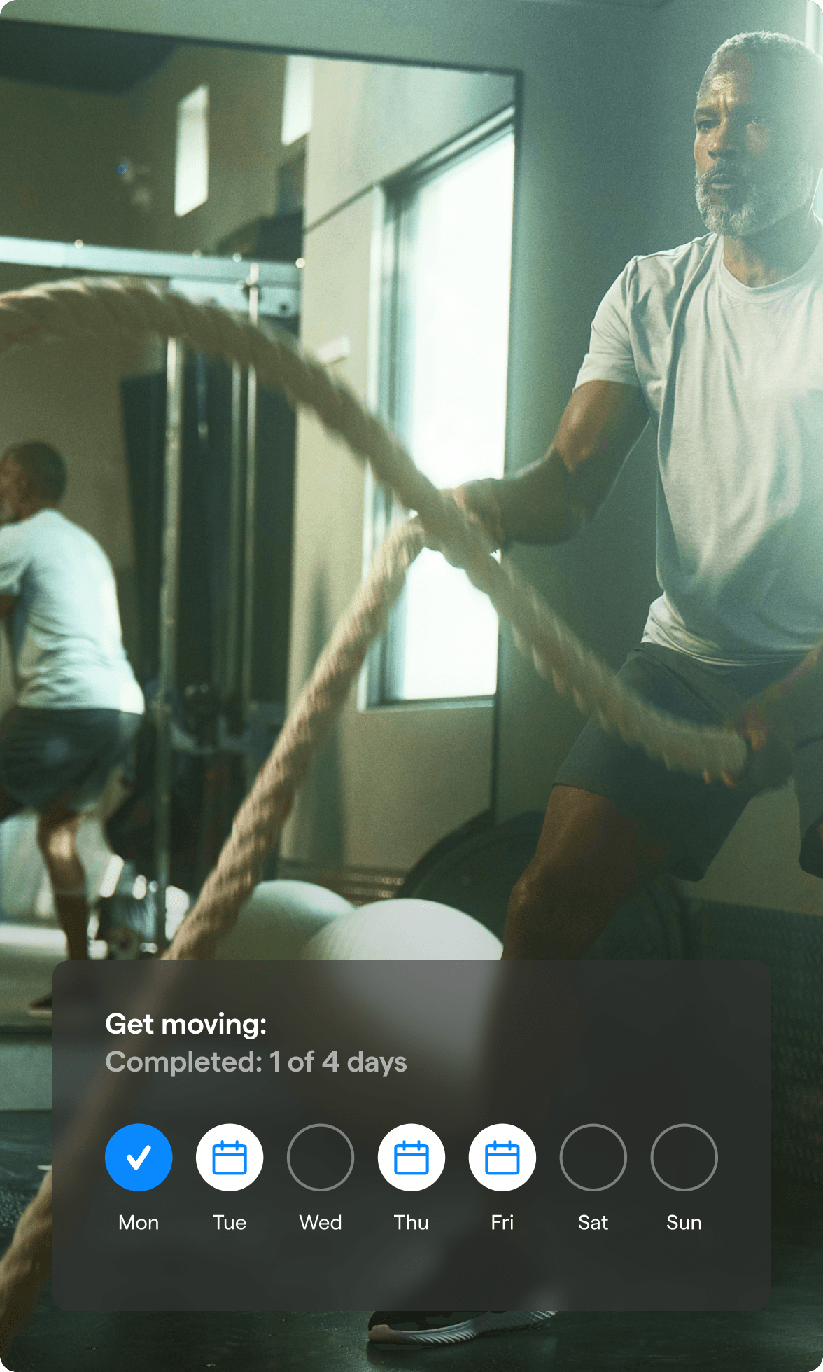 A photo of a man working out at the gym with a get moving chart overlayed over the image.