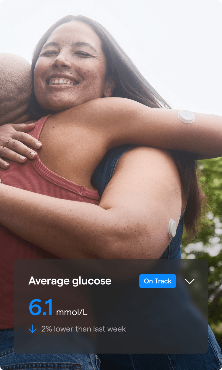Two friends hugging each other while wearing Lingo sensors as a Average glucose chart is overlayed over the image.