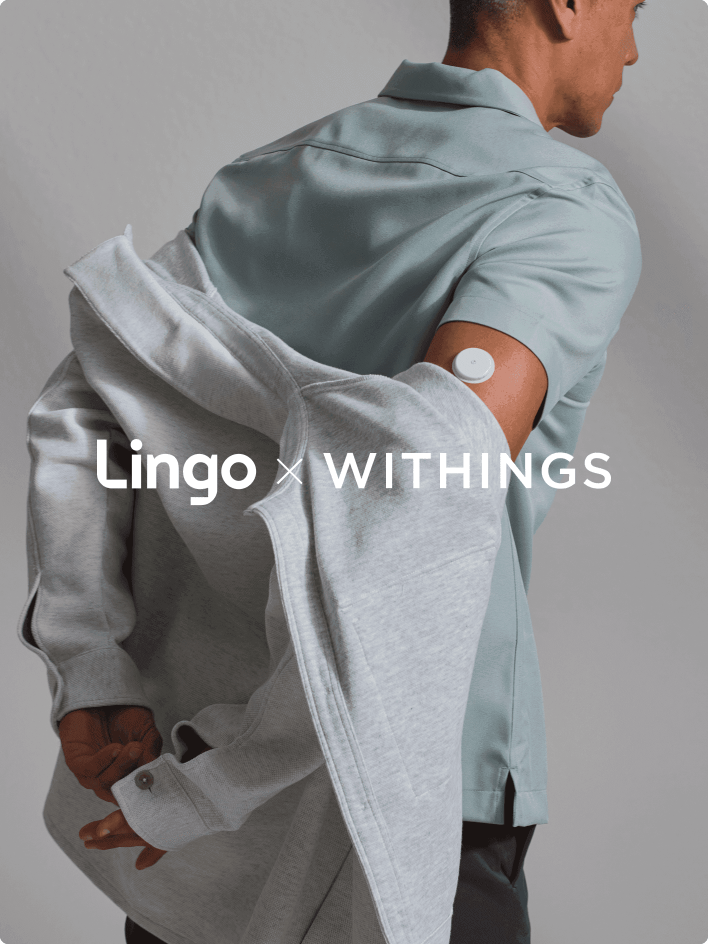 The Lingo and Withings logo lockup is in the foreground. In the background, a person in a light blue-green shirt removes a grey jacket, revealing a Lingo biosensor on their right arm.