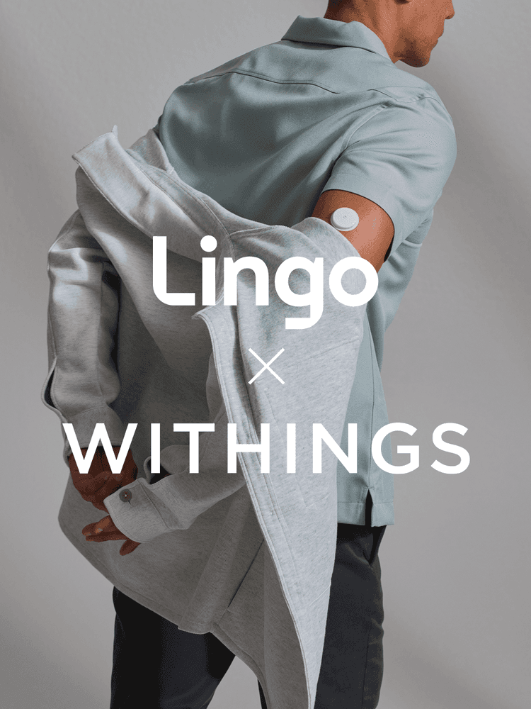 The Lingo and Withings logo lockup is in the foreground. In the background, a person in a light blue-green shirt removes a grey jacket, revealing a Lingo biosensor on their right arm.